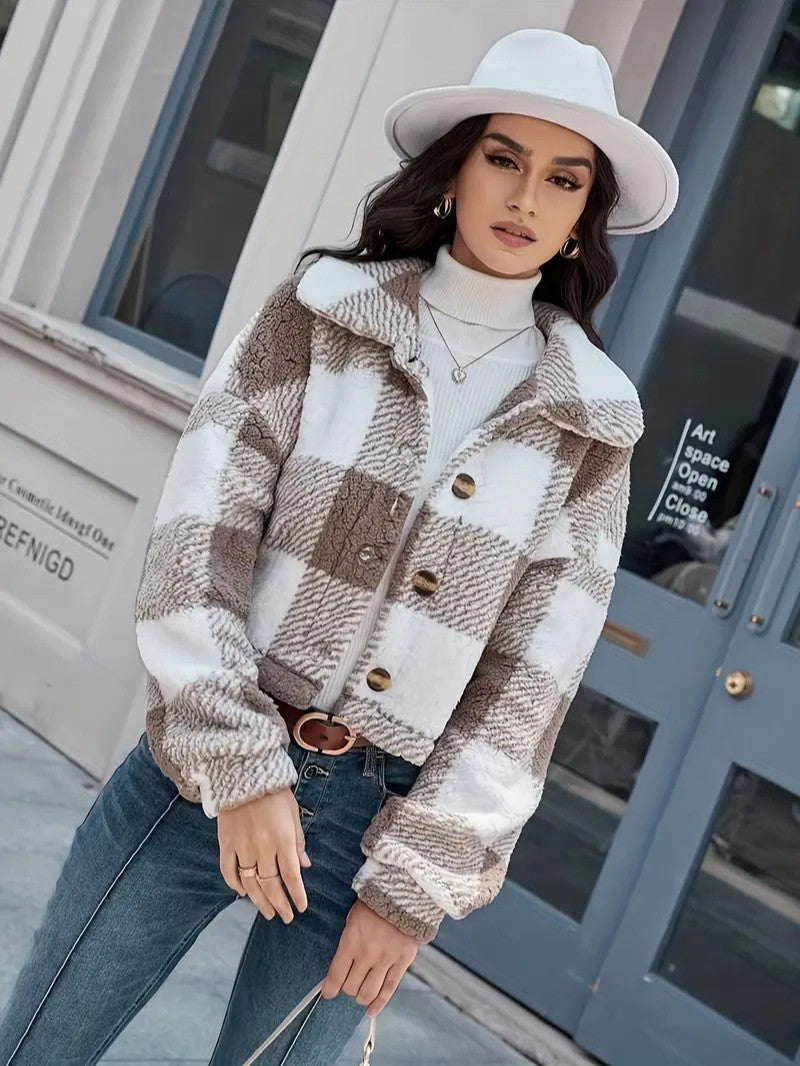 Cozy Plaid Button-Front Teddy Jacket