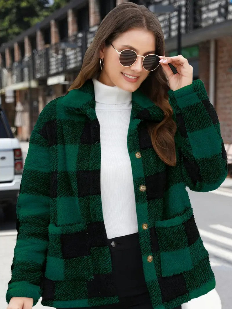 Plaid Button Teddy Jacket with Pockets