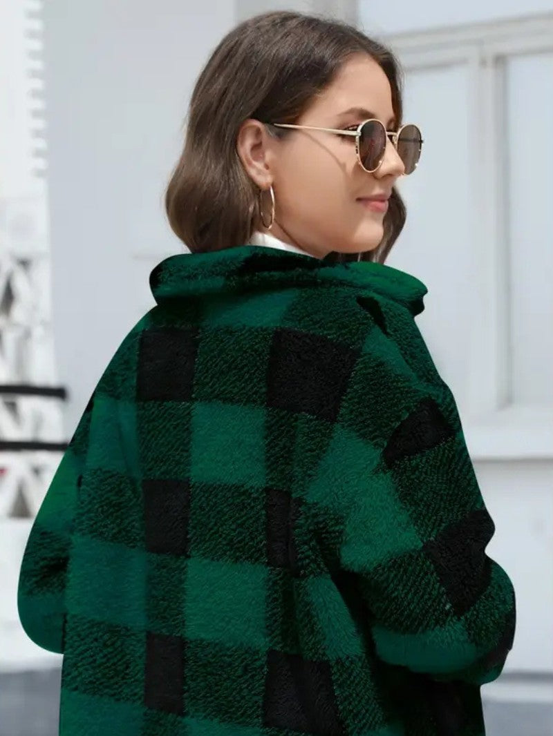 Plaid Button Teddy Jacket with Pockets