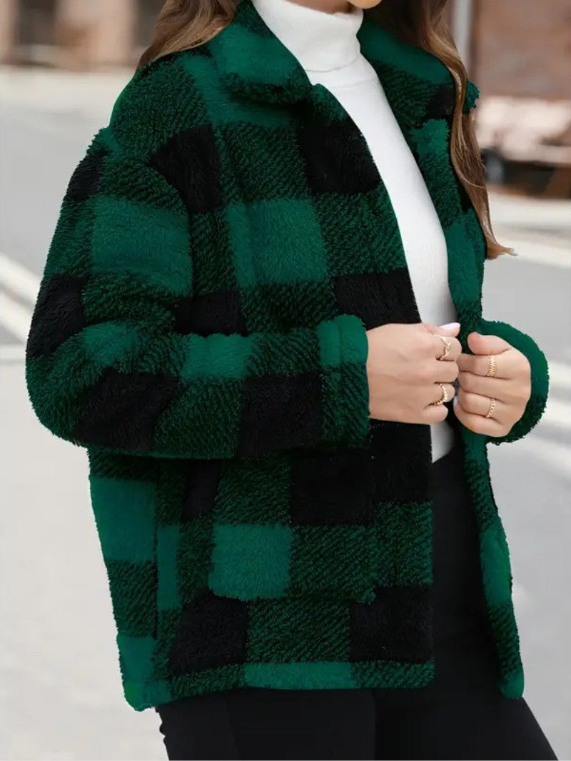 Plaid Button Teddy Jacket with Pockets