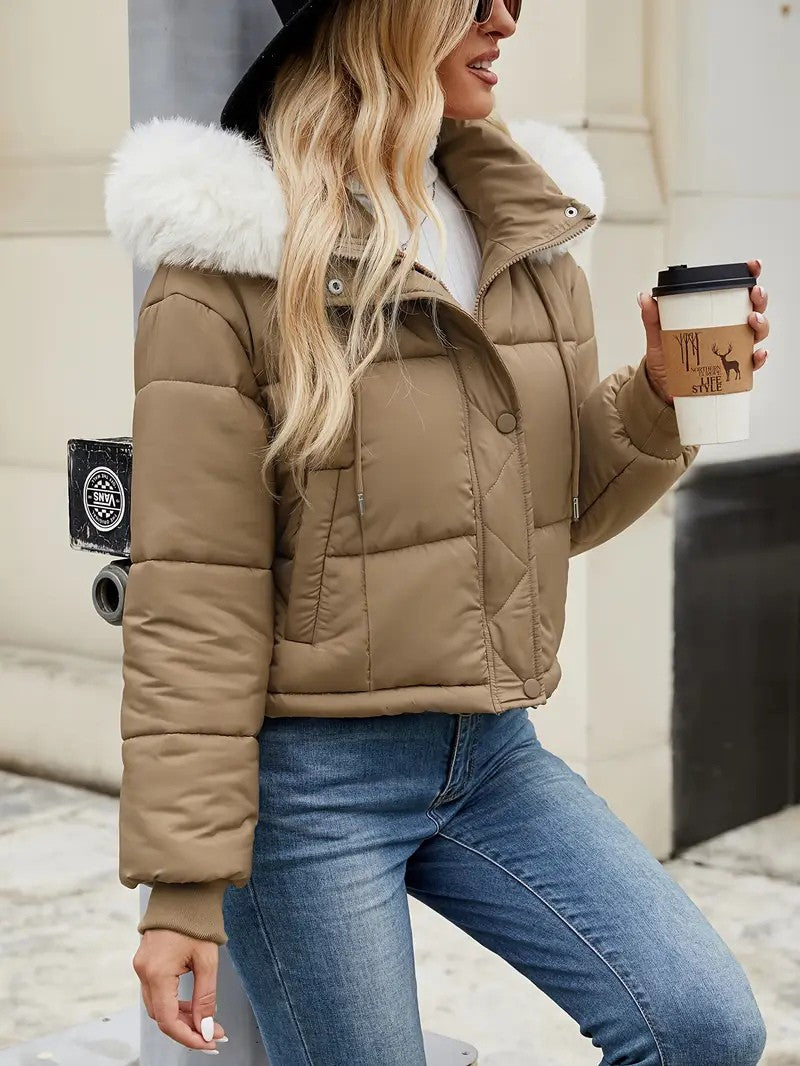 Faux Fur Hooded Short Puffer Jacket