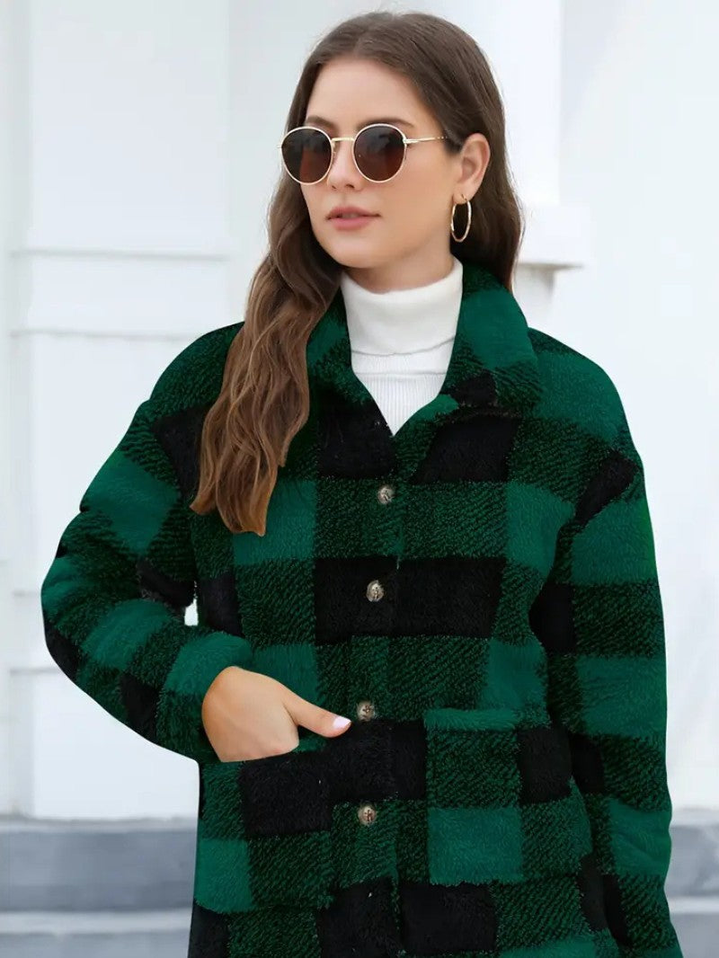 Plaid Button Teddy Jacket with Pockets
