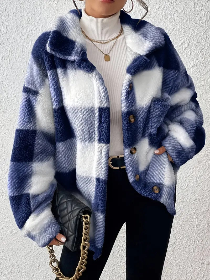 Elegant Plaid Fleece Button Jacket