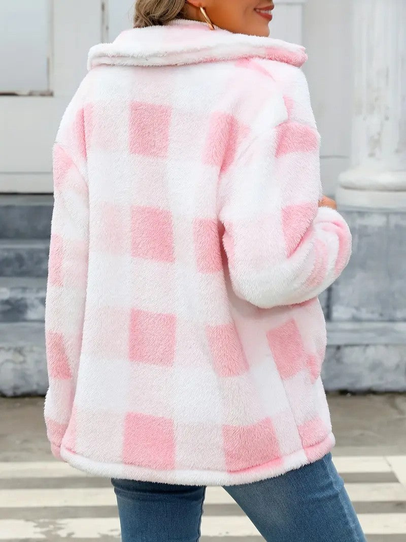 Plaid Button Teddy Jacket with Pockets