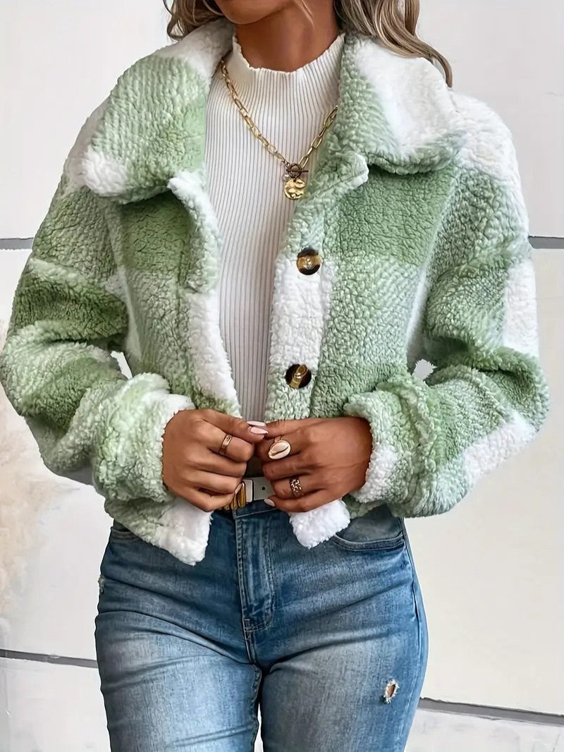 Cozy Plaid Button-Front Teddy Jacket