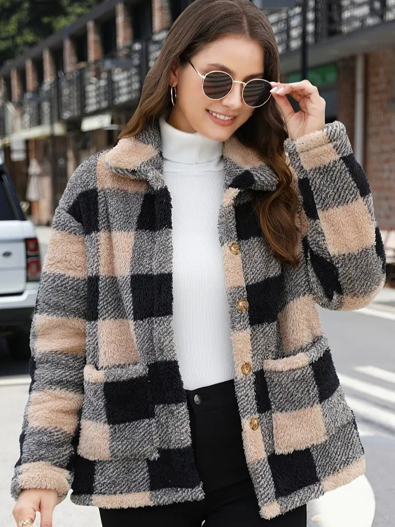 Plaid Button Teddy Jacket with Pockets