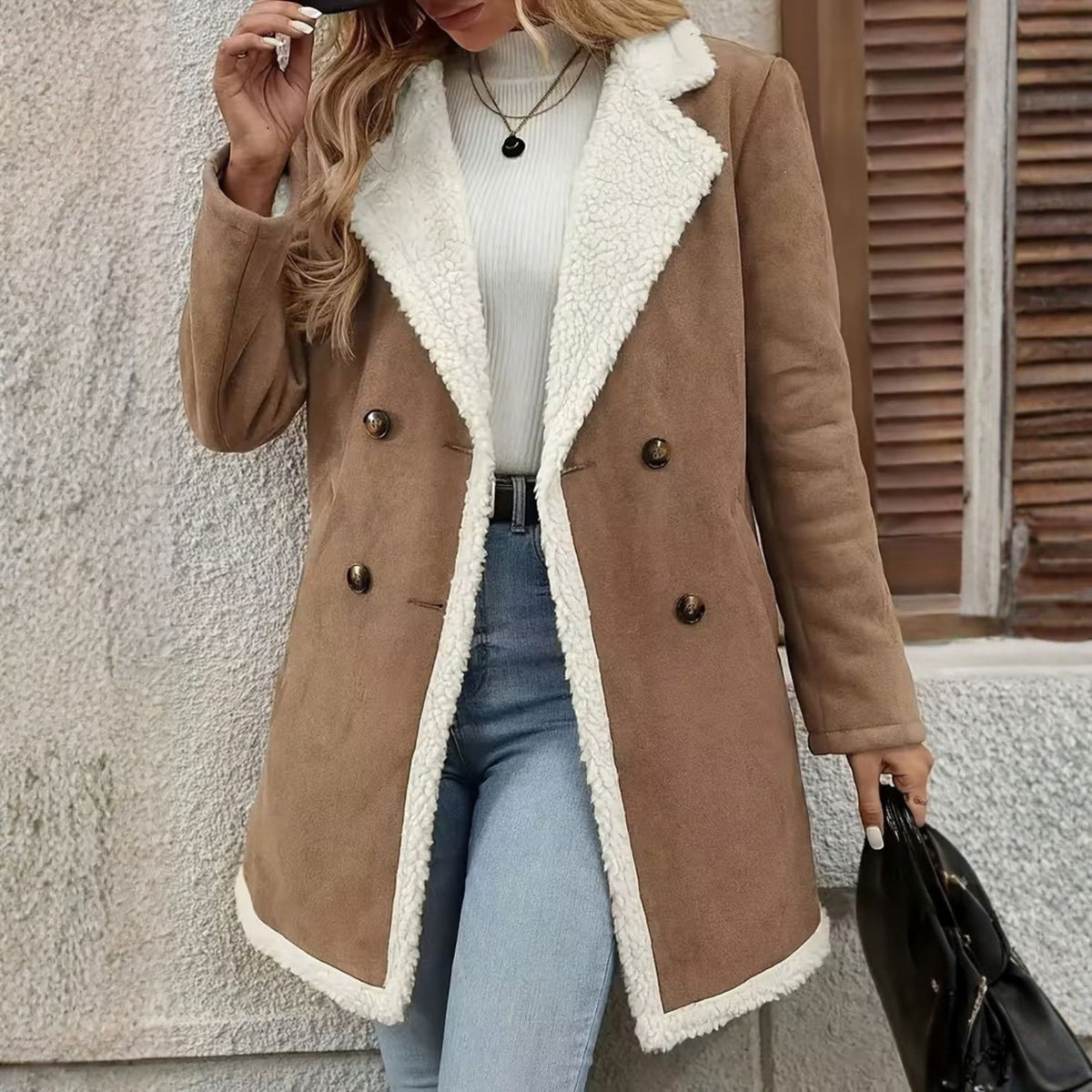 Faux Shearling Lapel Coat