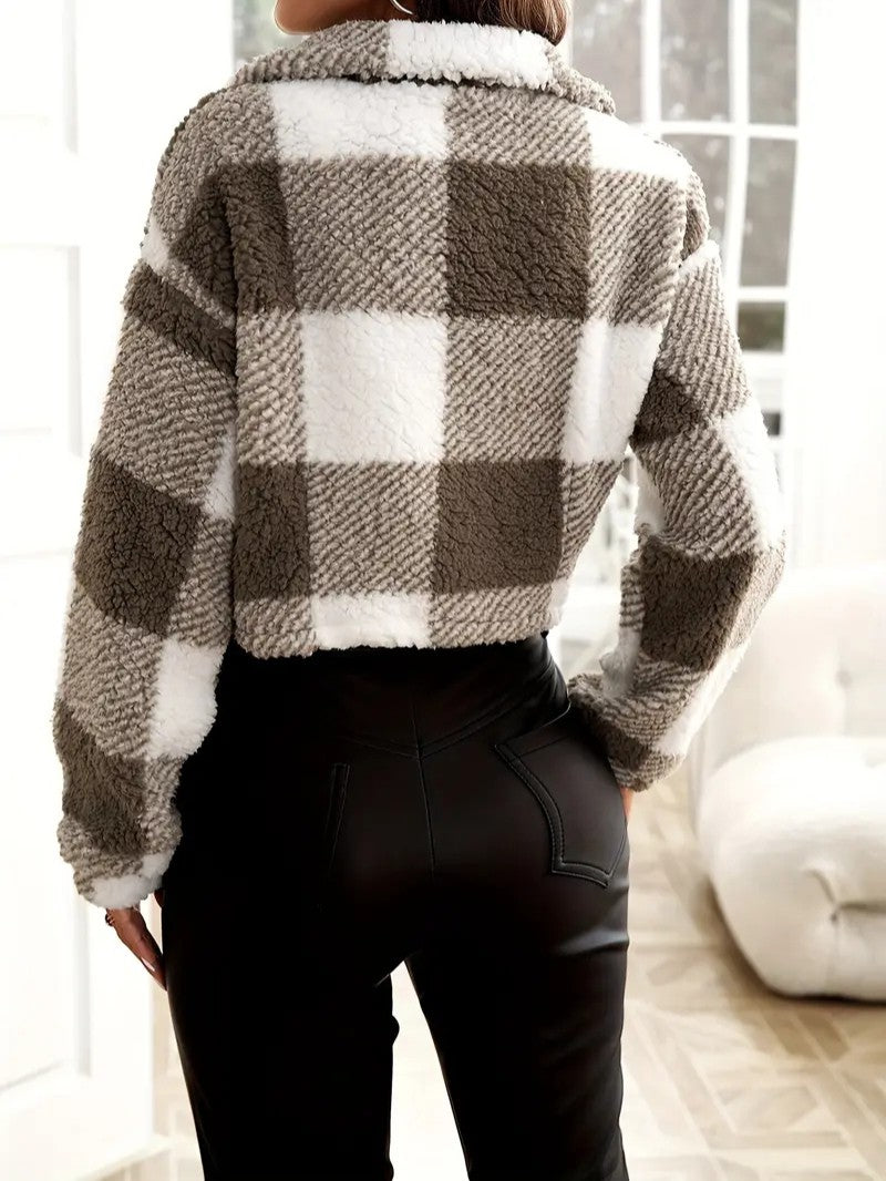 Zip-Up Plaid Teddy Knit Jacket