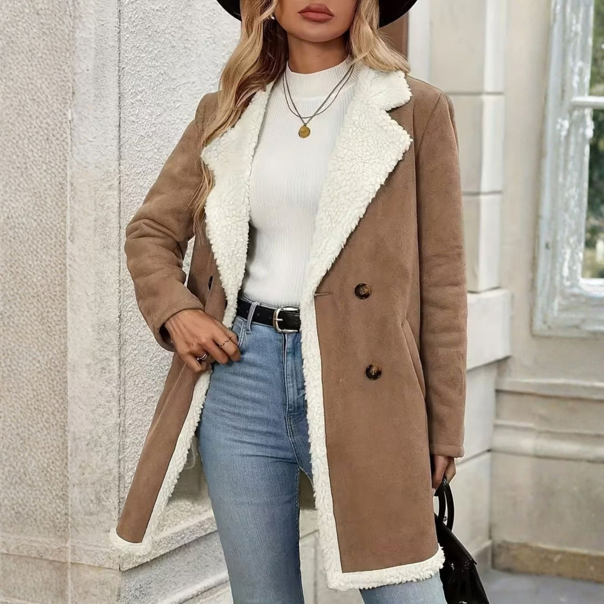 Faux Shearling Lapel Coat