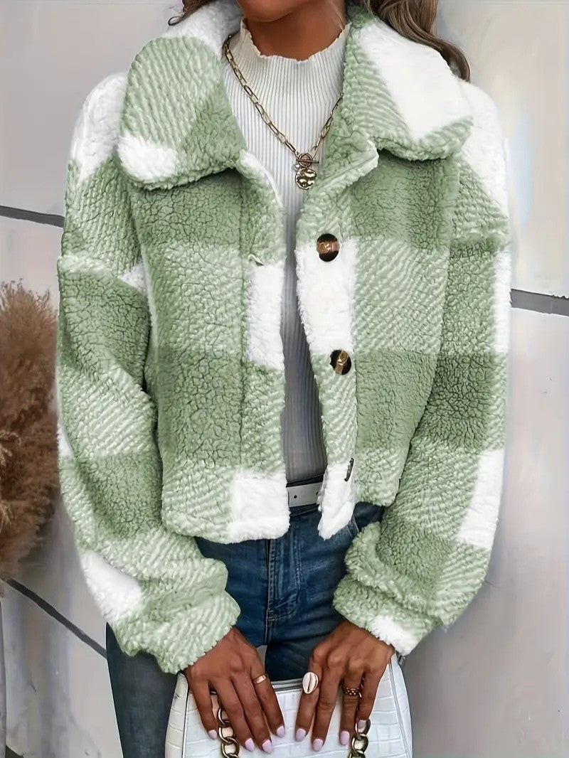 Cozy Plaid Button-Front Teddy Jacket