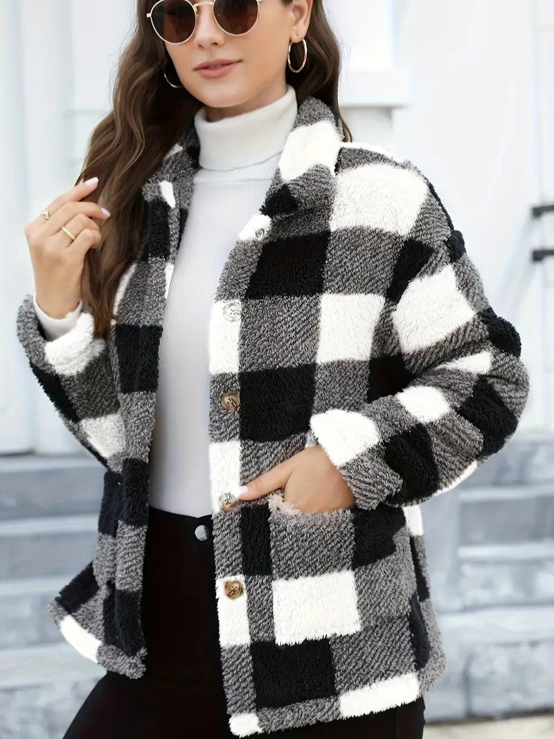 Plaid Button Teddy Jacket with Pockets