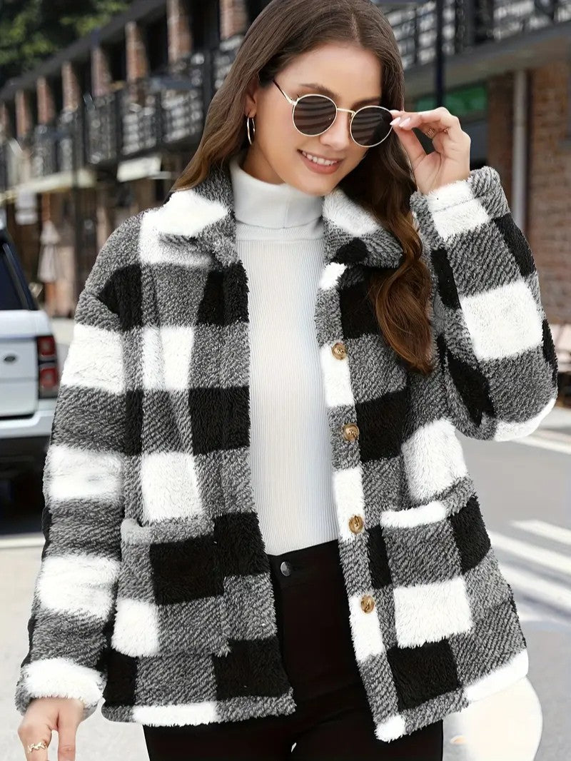 Plaid Button Teddy Jacket with Pockets