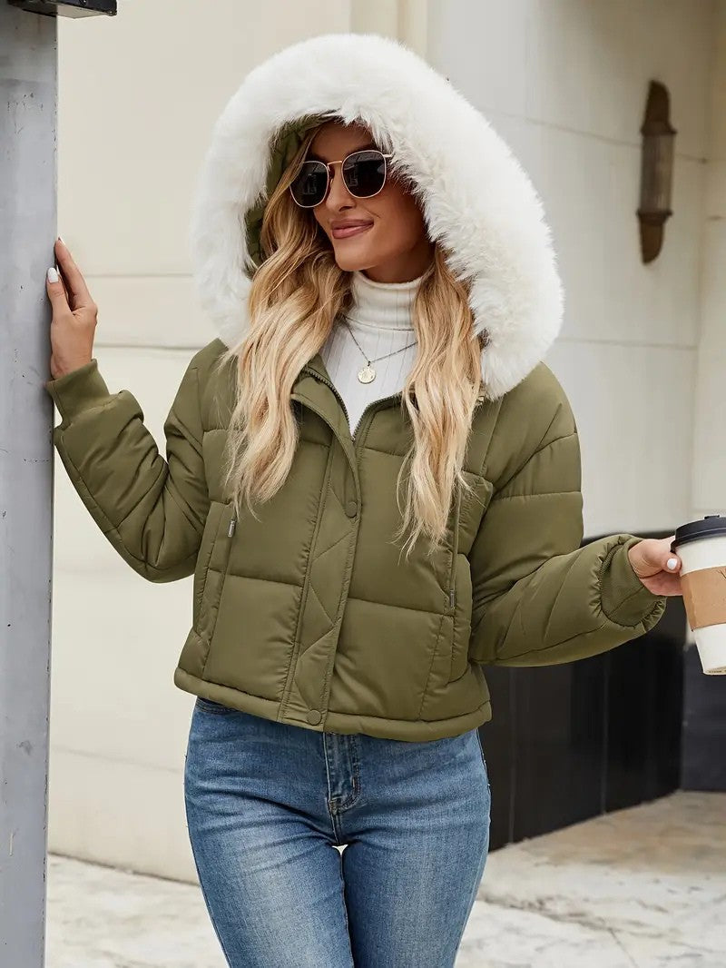 Faux Fur Hooded Short Puffer Jacket