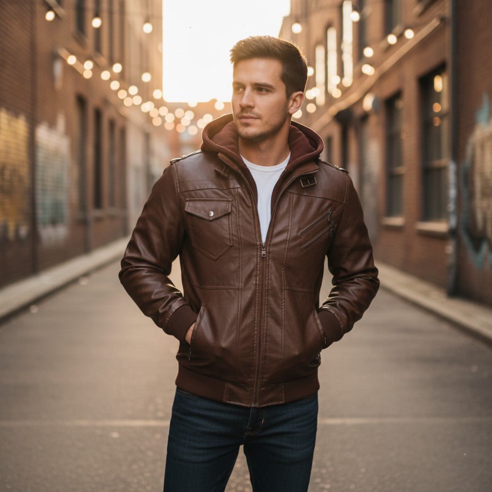 Detachable Hood Leather Jacket - Men's Leather Jacket - Wild Eye Vision