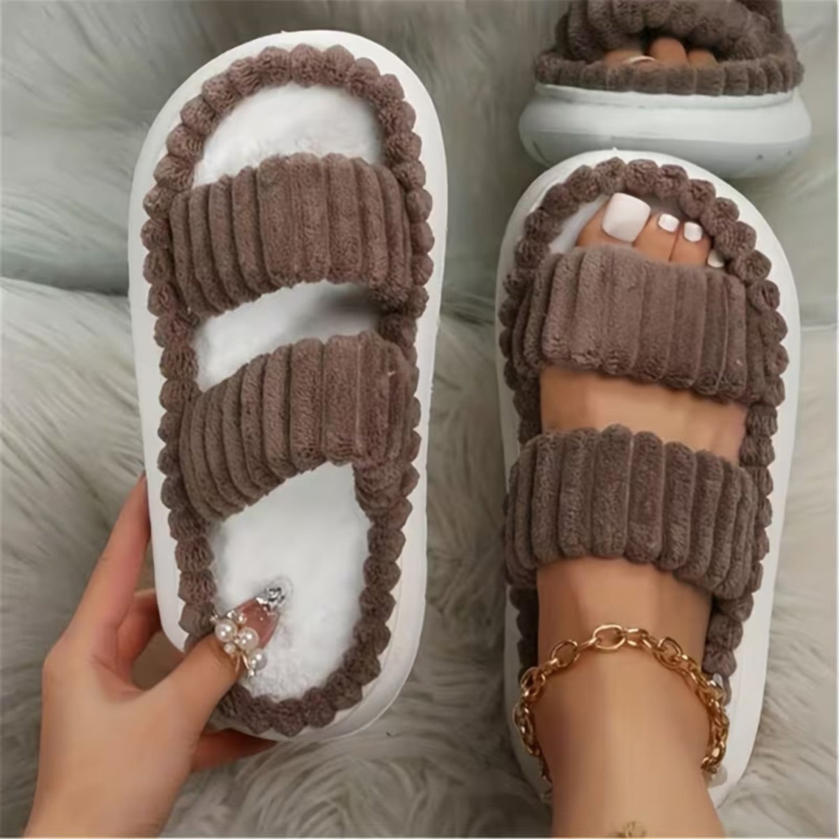 Double Straps Plush Slippers for Women - Slippers - Wild Eye Vision