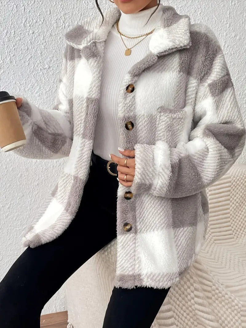 Elegant Plaid Fleece Button Jacket - Women's Winter Jacket - Wild Eye Vision