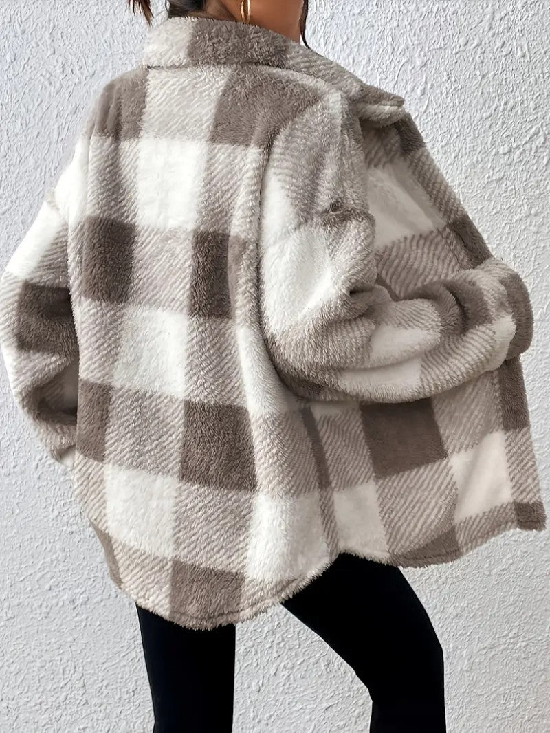 Elegant Plaid Fleece Button Jacket - Women's Winter Jacket - Wild Eye Vision