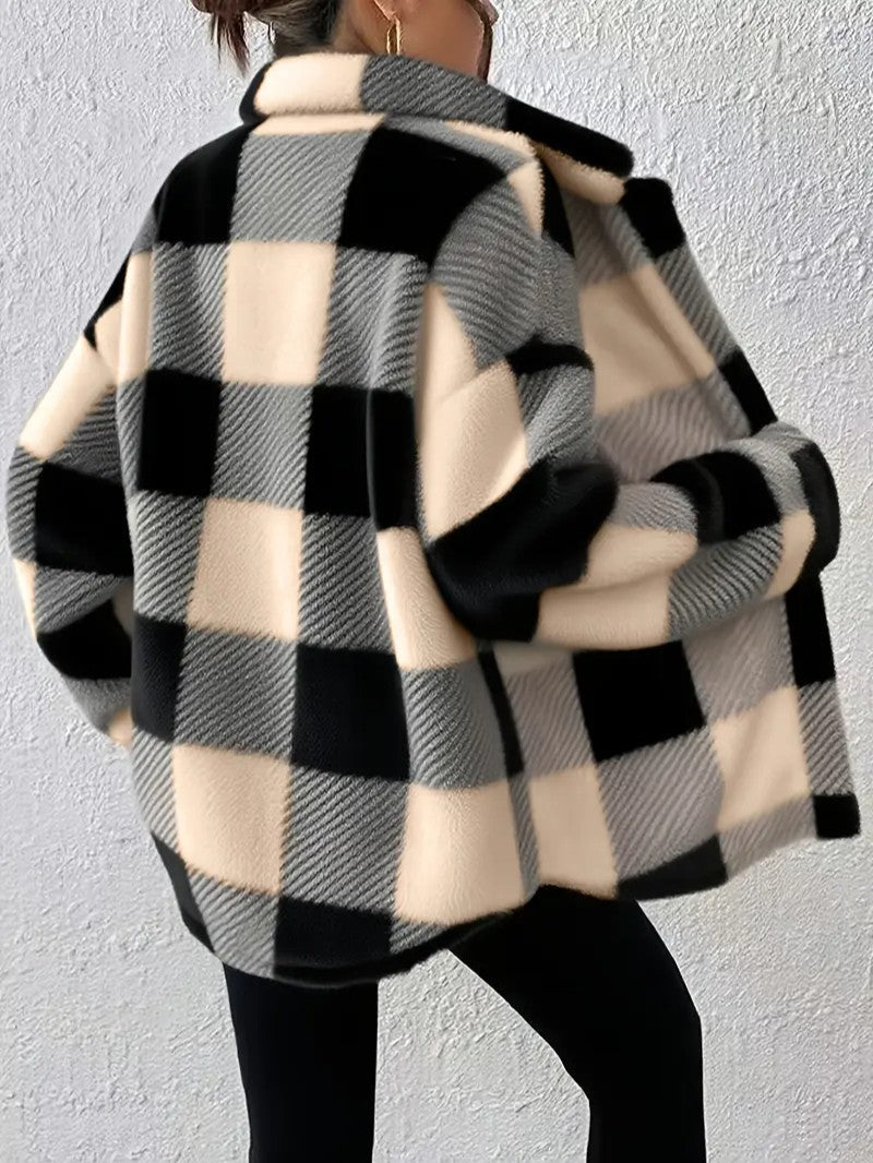 Elegant Plaid Fleece Button Jacket - Women's Winter Jacket - Wild Eye Vision