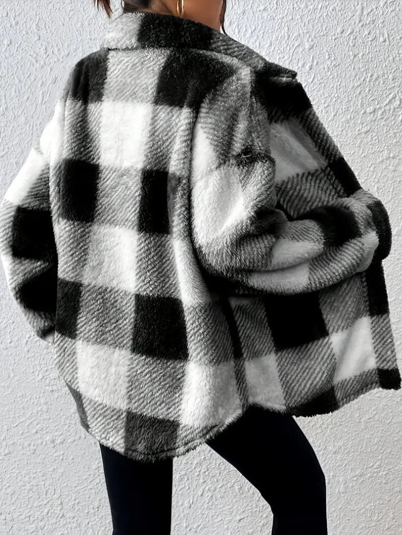 Elegant Plaid Fleece Button Jacket - Women's Winter Jacket - Wild Eye Vision