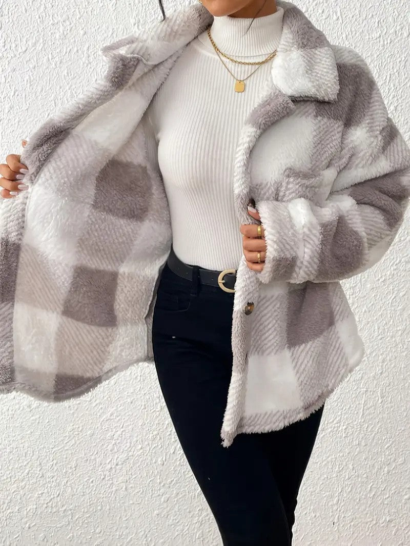 Elegant Plaid Fleece Button Jacket - Women's Winter Jacket - Wild Eye Vision
