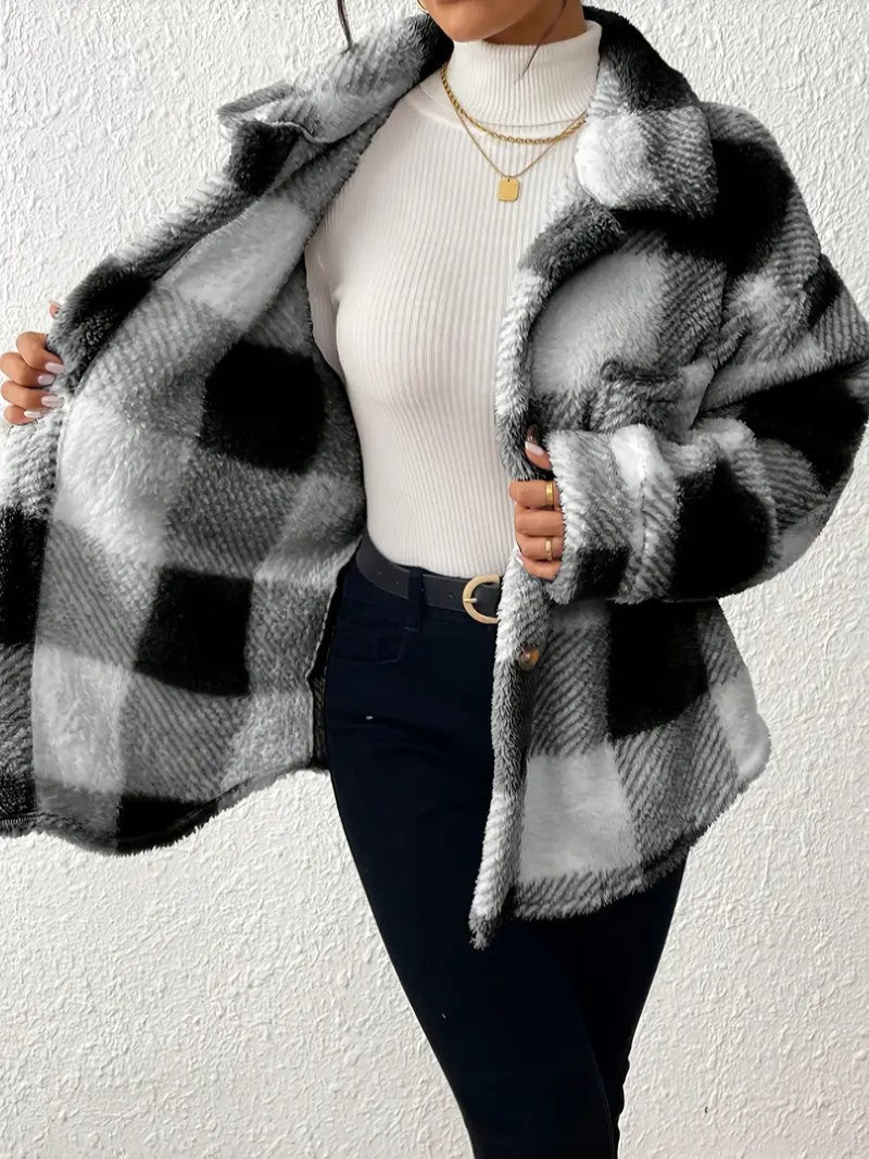 Elegant Plaid Fleece Button Jacket - Women's Winter Jacket - Wild Eye Vision