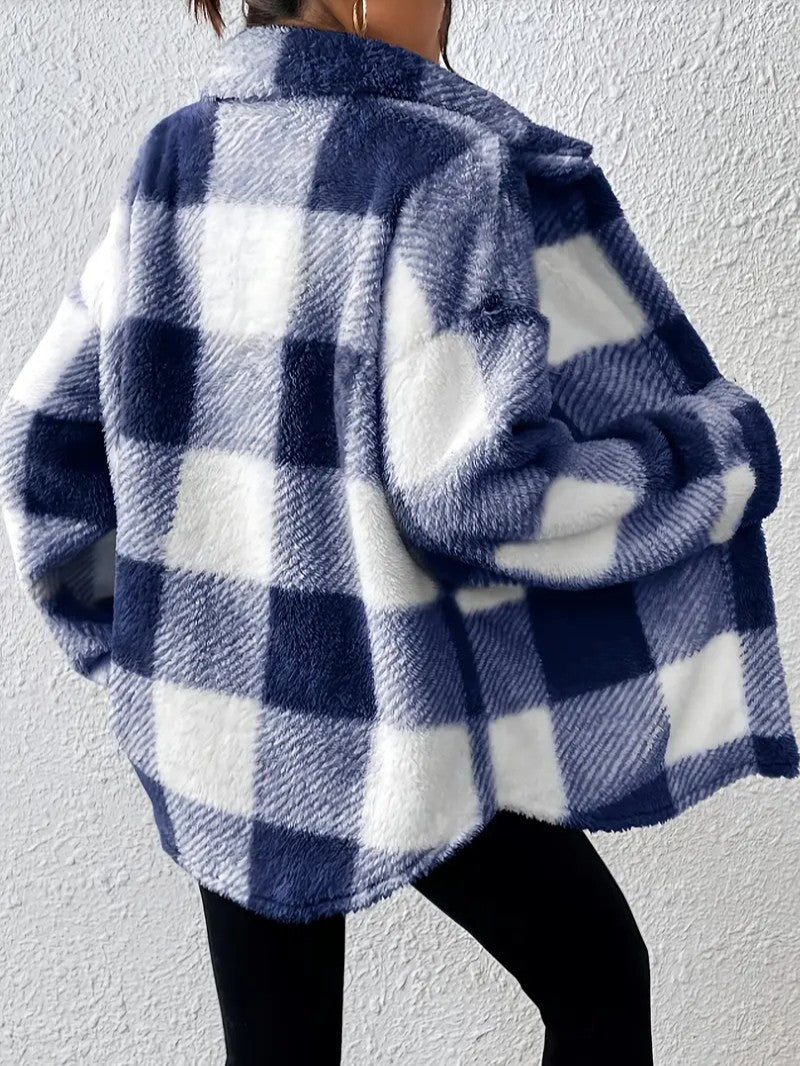 Elegant Plaid Fleece Button Jacket - Women's Winter Jacket - Wild Eye Vision