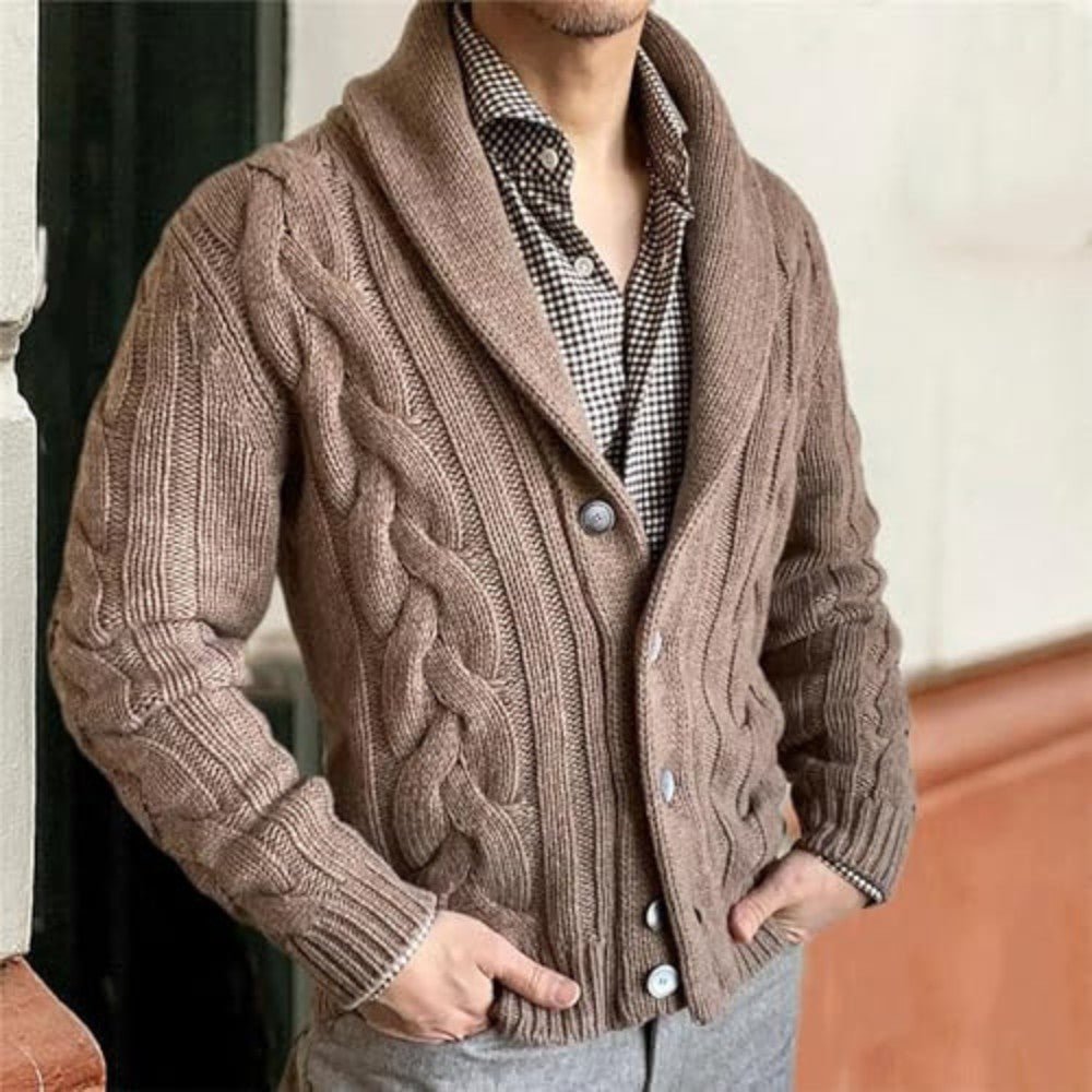 Men’s Cable Knit Shawl Collar Cardigan - Men Knit Cardigan - Wild Eye Vision