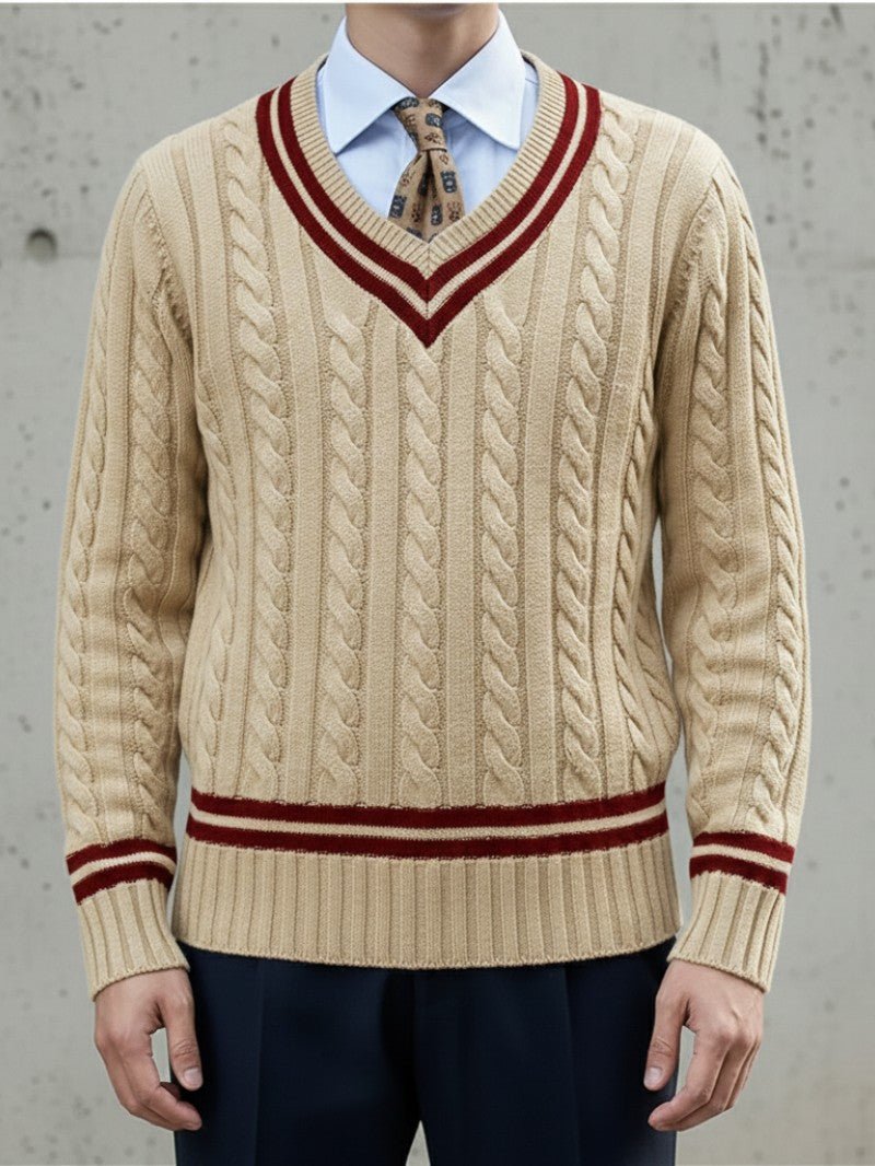 Men’s Classic V - Neck Cable Knit Sweater - Men Jumper - Wild Eye Vision