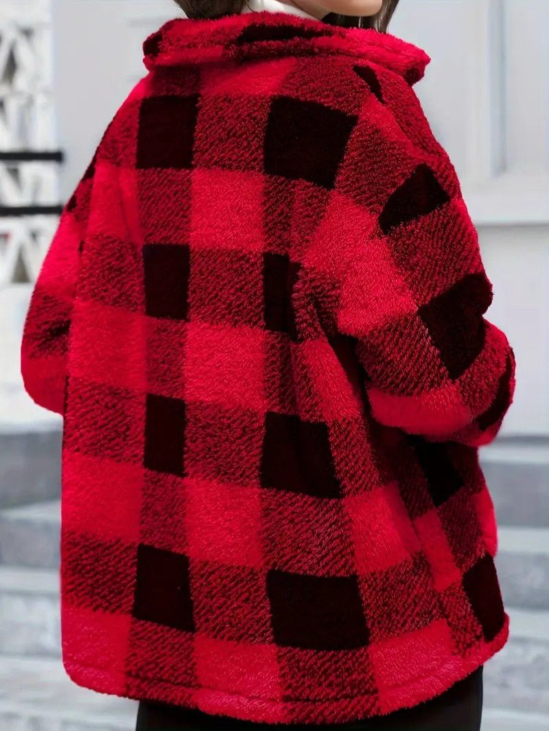 Plaid Button Teddy Jacket with Pockets - Women's Winter Jacket - Wild Eye Vision