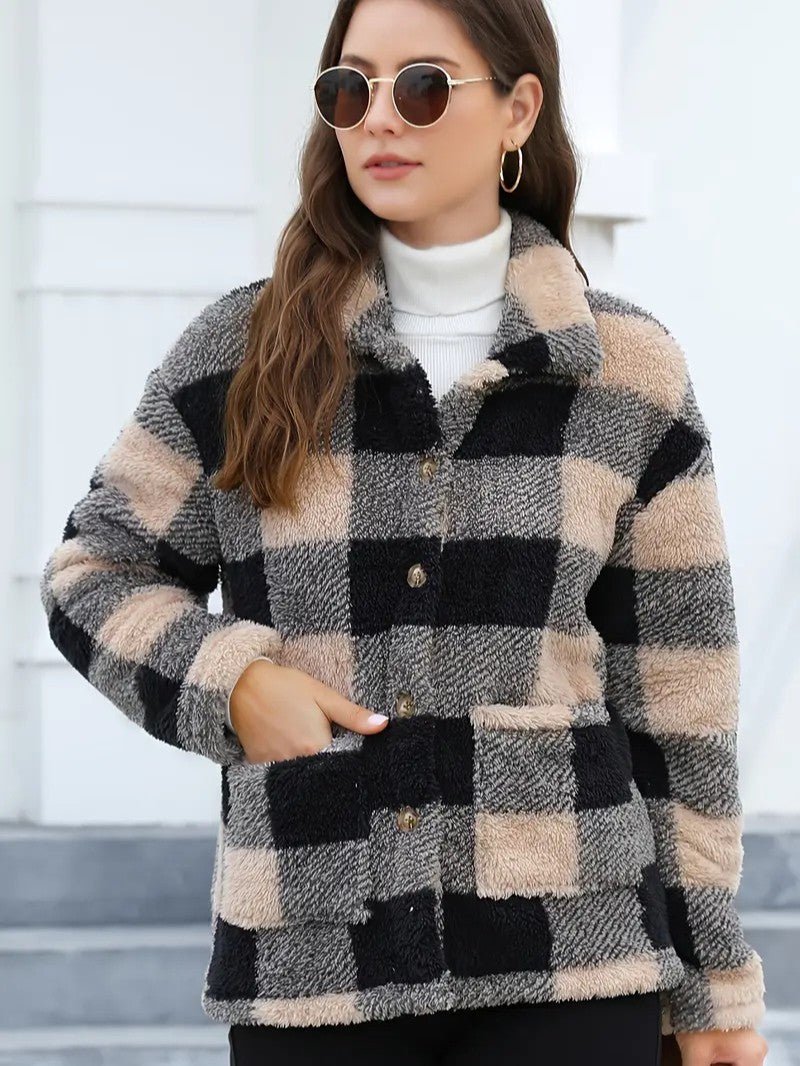 Plaid Button Teddy Jacket with Pockets - Women's Winter Jacket - Wild Eye Vision