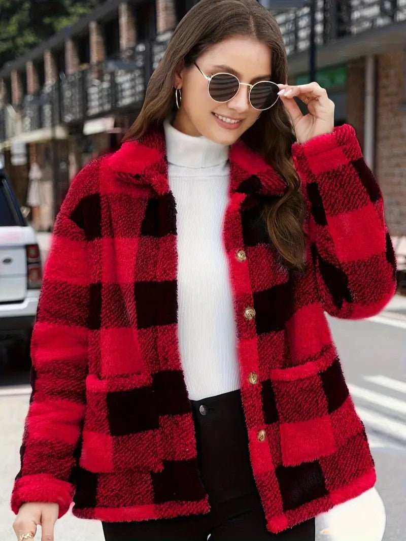 Plaid Button Teddy Jacket with Pockets - Women's Winter Jacket - Wild Eye Vision