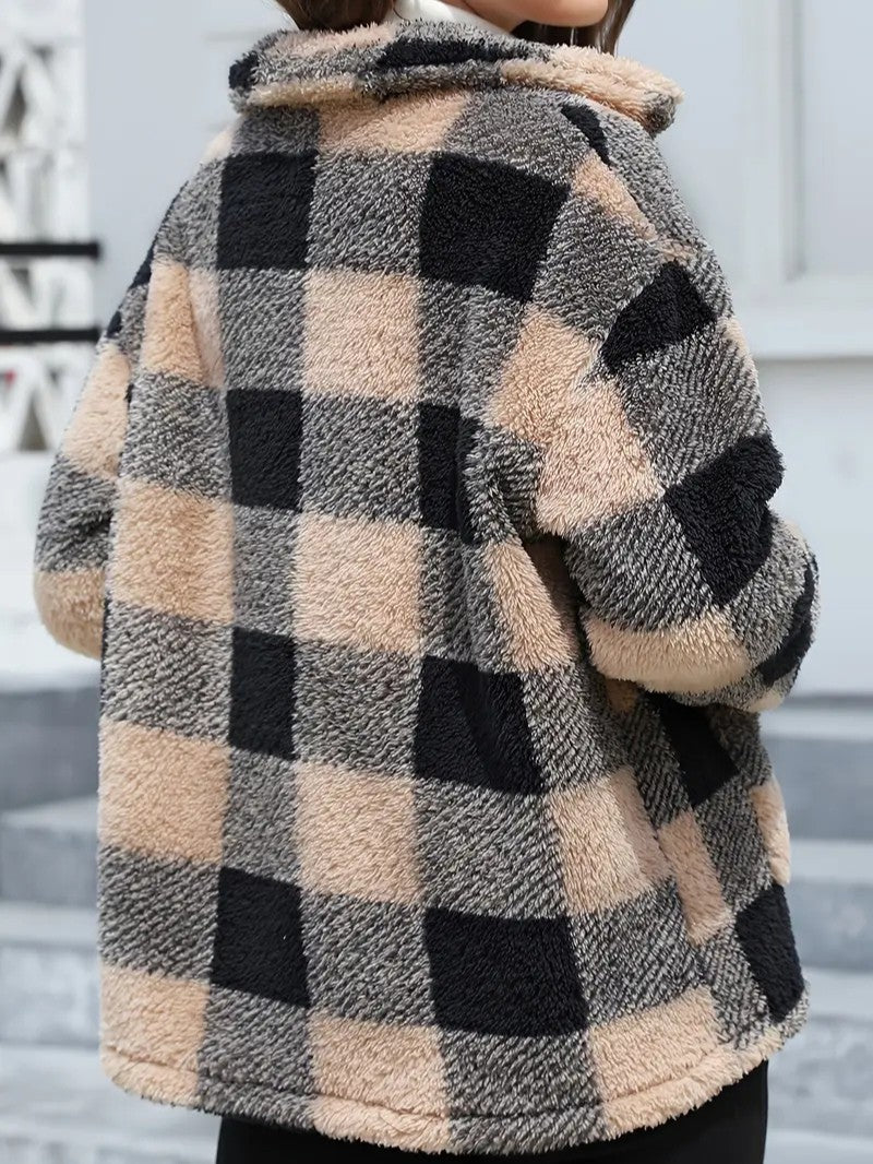 Plaid Button Teddy Jacket with Pockets - Women's Winter Jacket - Wild Eye Vision