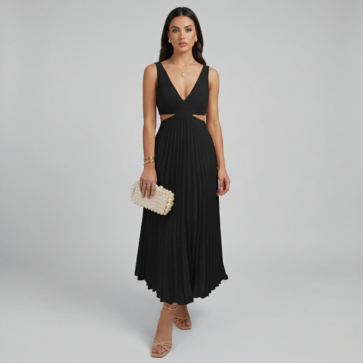 Pleated V Neck Maxi Dress - Maxi Dress - Wild Eye Vision