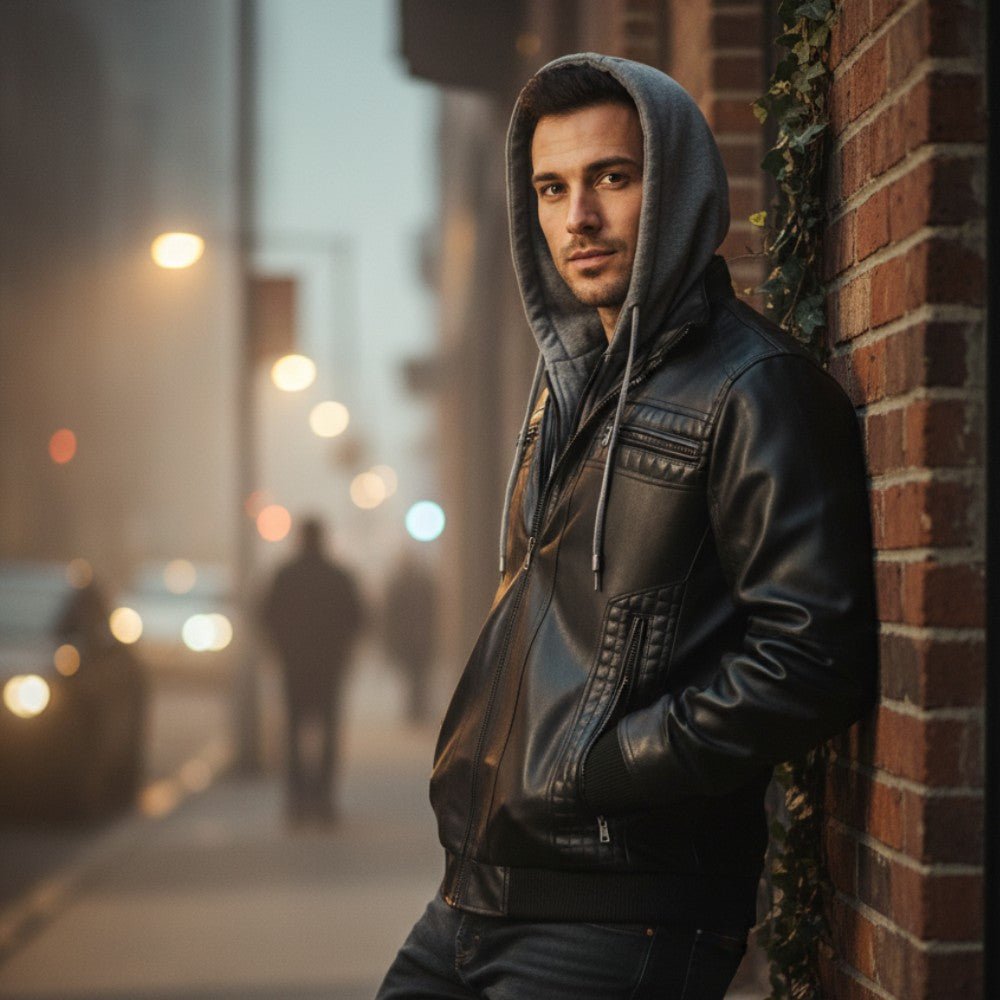 Retro Hooded Biker Jacket - Men's Leather Jacket - Wild Eye Vision