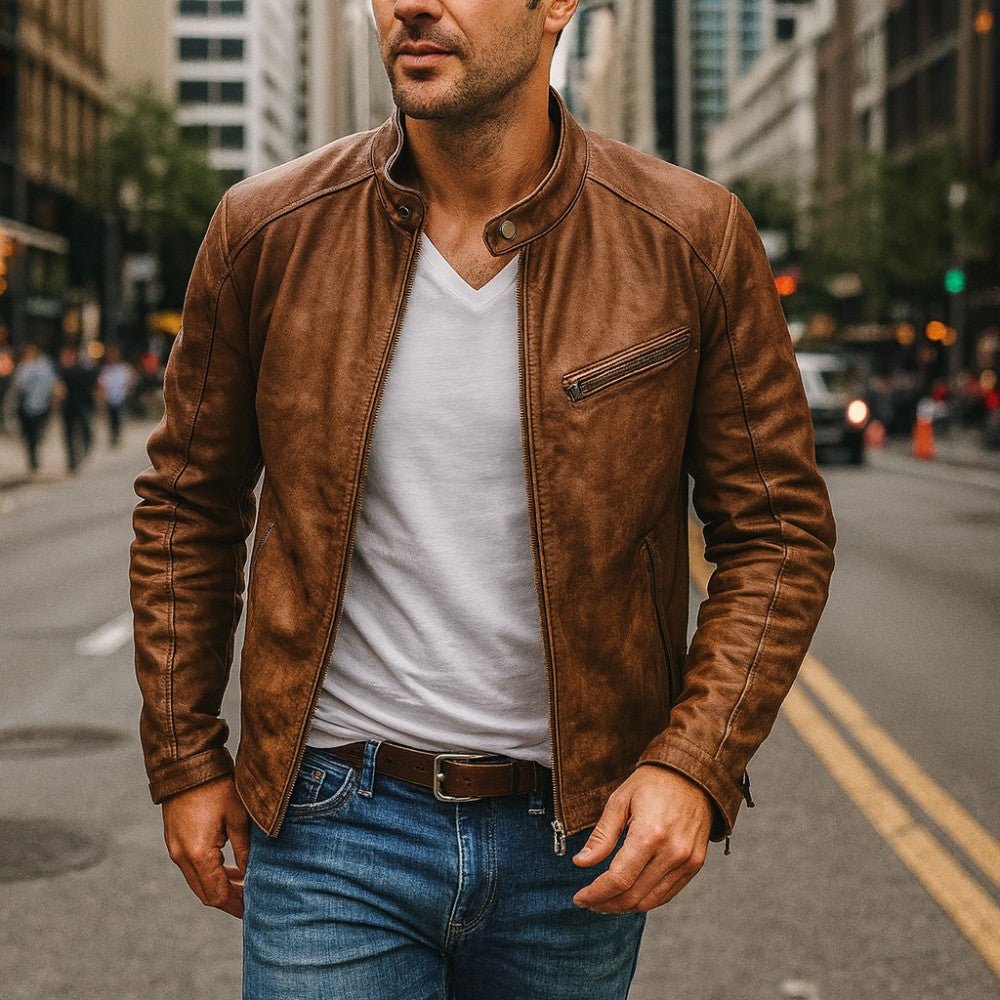 Stand Collar Leather Street Jacket - Men's Leather Jacket - Wild Eye Vision