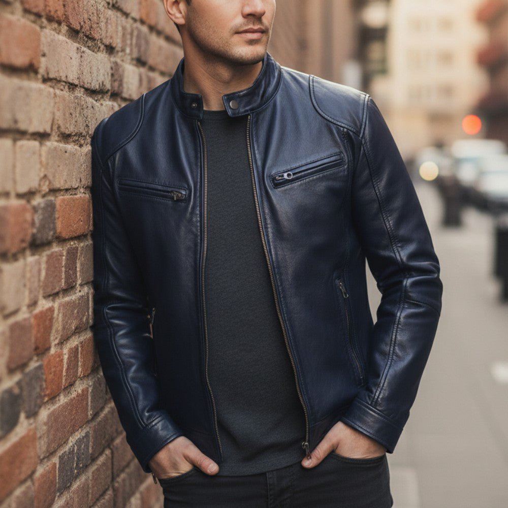 Stand Collar Leather Zip Jacket - Men's Leather Jacket - Wild Eye Vision