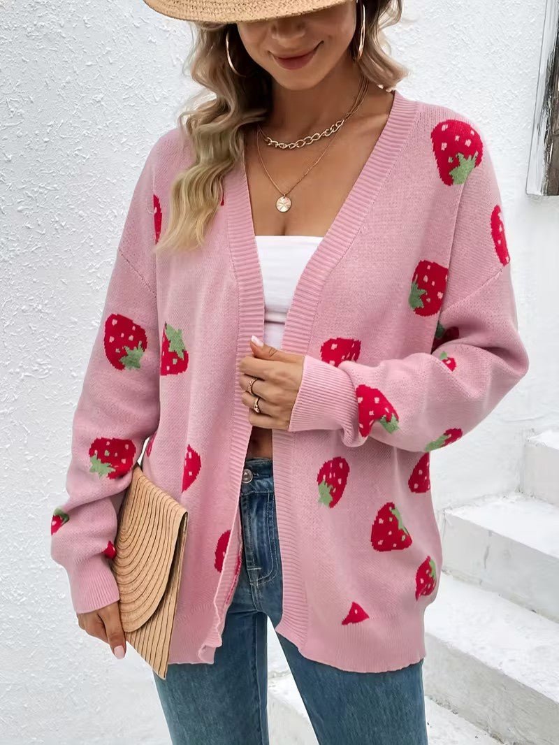 Strawberry Print Open Cardigan - Women Knit Cardigan - Wild Eye Vision