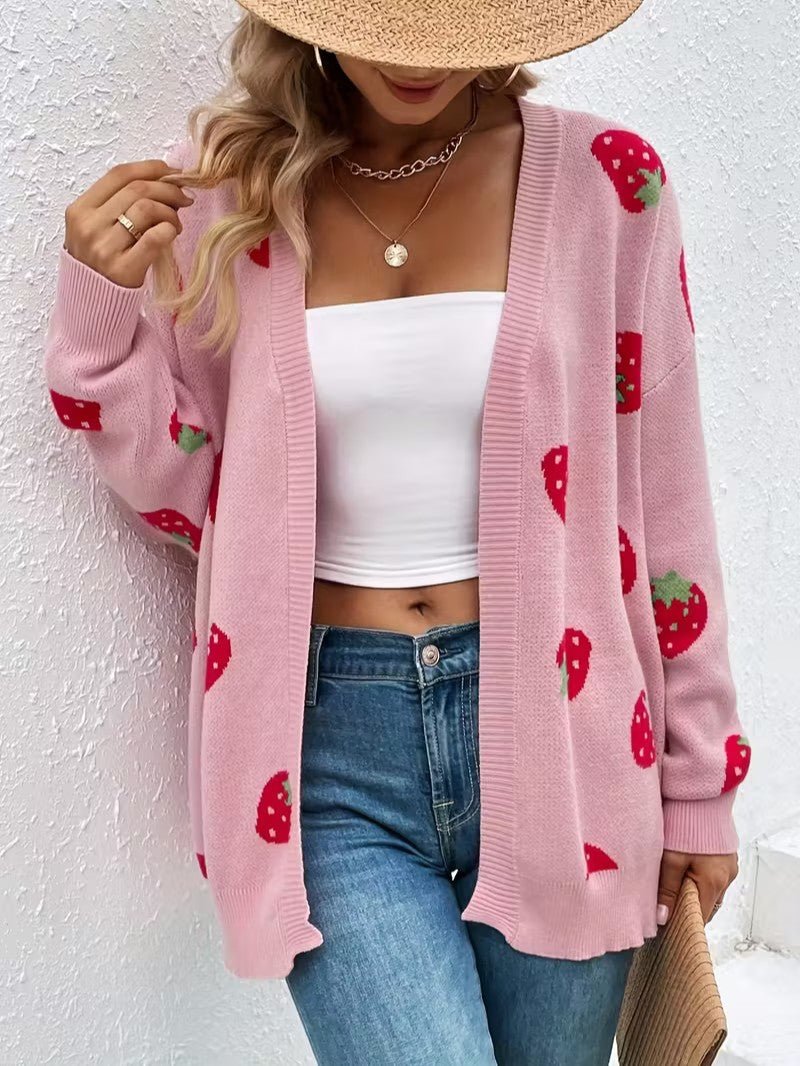 Strawberry Print Open Cardigan - Women Knit Cardigan - Wild Eye Vision