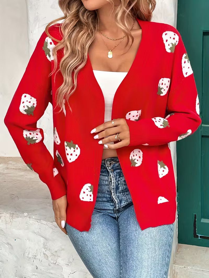 Strawberry Print Open Cardigan - Women Knit Cardigan - Wild Eye Vision