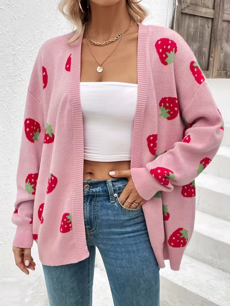 Strawberry Print Open Cardigan - Women Knit Cardigan - Wild Eye Vision