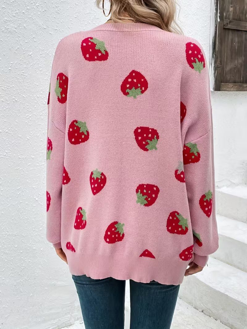 Strawberry Print Open Cardigan - Women Knit Cardigan - Wild Eye Vision
