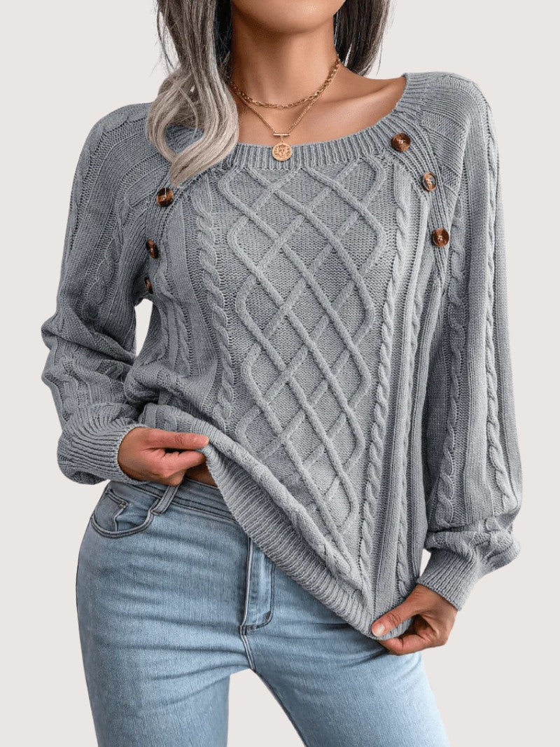 Women's Cable Knit Jumper with Button Details - Women Knitted Jumper - Wild Eye Vision