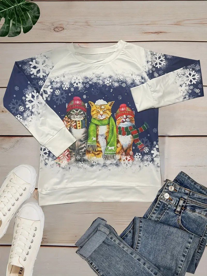 Women’s Christmas Cat Print Crewneck Sweatshirt - Ladies Christmas Jumpers - Wild Eye Vision