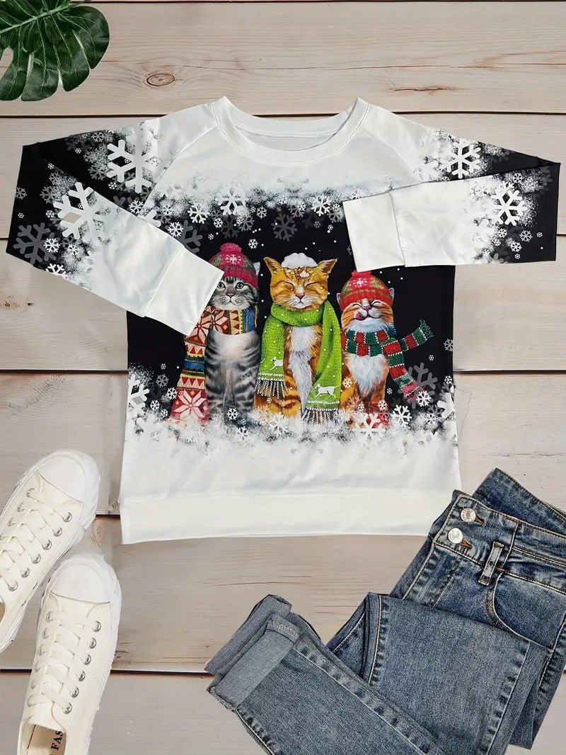 Women’s Christmas Cat Print Crewneck Sweatshirt - Ladies Christmas Jumpers - Wild Eye Vision