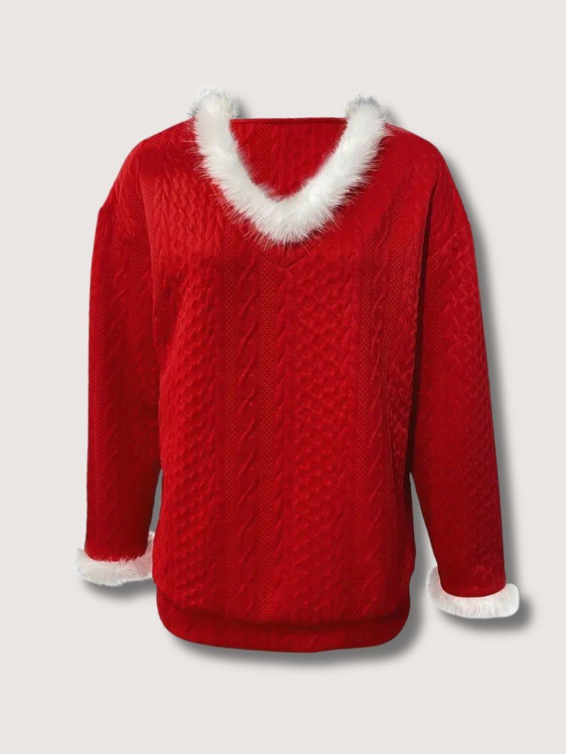 Women’s Faux Fur Trim V - Neck Christmas Sweater - Ladies Christmas Jumpers - Wild Eye Vision