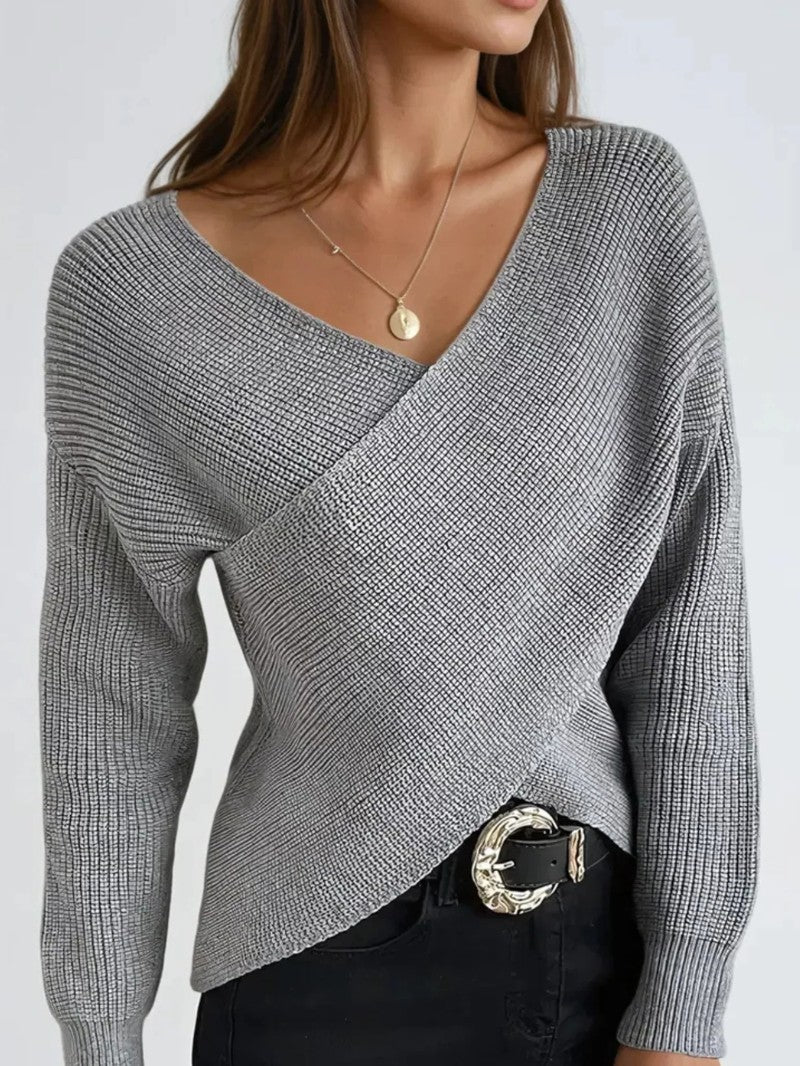 Women’s Grey Wrap Front V Neck Jumper - Women Jumper - Wild Eye Vision