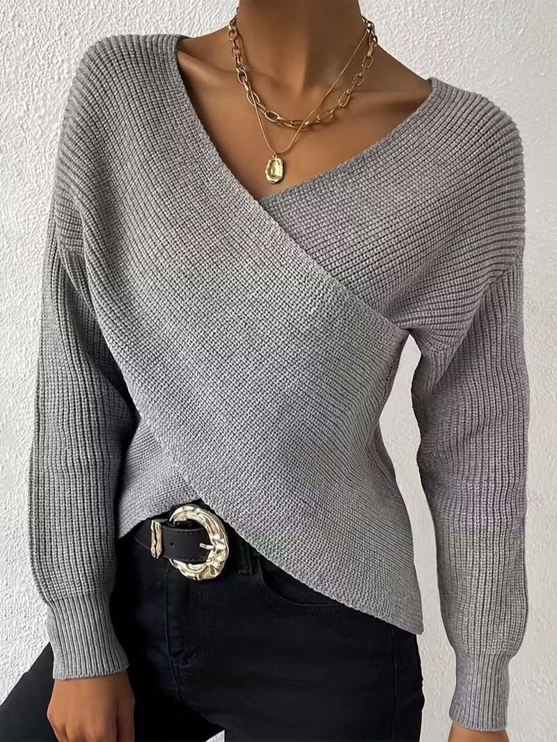 Women’s Grey Wrap Front V Neck Jumper - Women Jumper - Wild Eye Vision