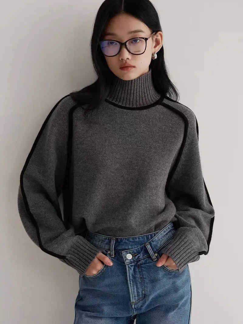 Women’s Oversized Turtleneck Sweater with Contrast Sleeve Trim - Women Jumper - Wild Eye Vision
