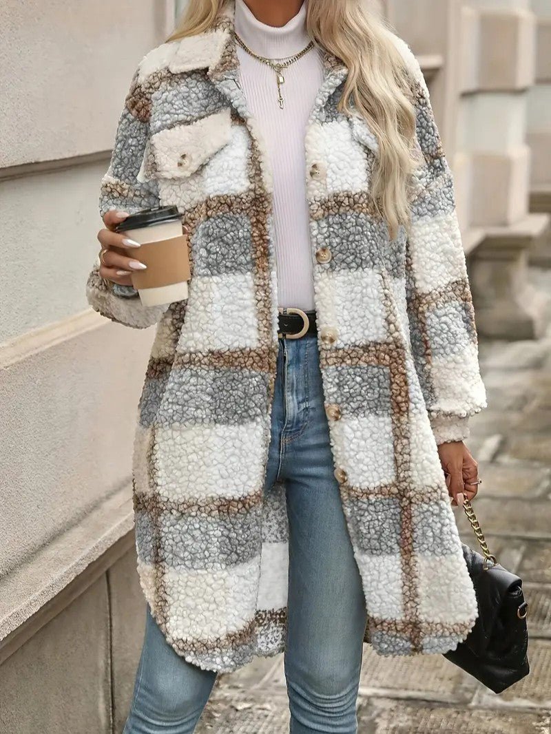Women's Plaid Fuzzy Long Coat - Women's Coat - Wild Eye Vision