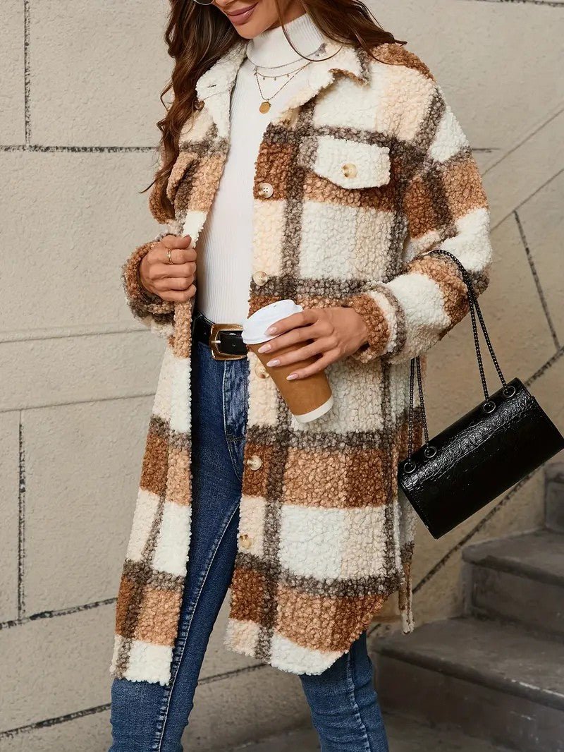 Women's Plaid Fuzzy Long Coat - Women's Coat - Wild Eye Vision